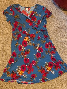 Kaileigh Blue Wrap Style Dress with Red & Mustard Floral